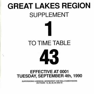 Timetable Supplement 1 to Great Lakes Region 43, September 4th, 1990.