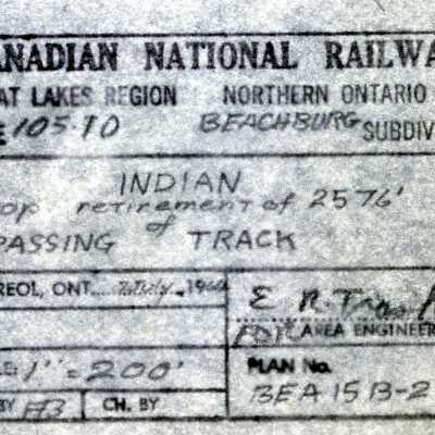 Document, Plan, Canadian National Railways, Great Lakes Region, Northern Ontario Area, Mile 105.10, Beachburg Subdivision, Indian, Proposed Retirement of 2576' of Passing Track.