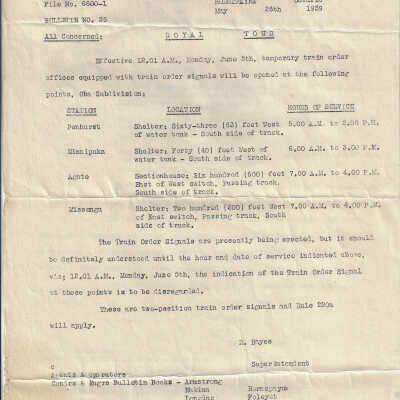 Canadian National: Northern Ontario District Bulletin No. 35-37 in Hornepayne ON, May 26 1939 Re: Royal Tour