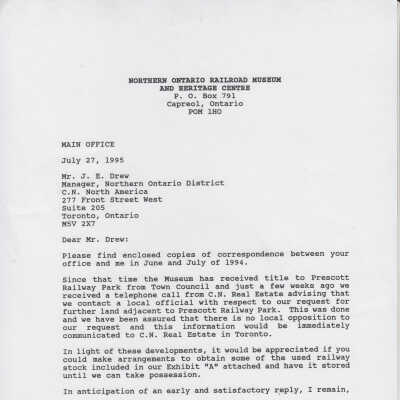 Letter from NORMHC Allan J. Kelly to CN Manager JE Drew, RE: Accquiring retired railway stock