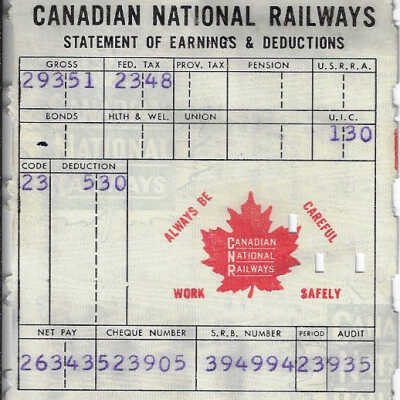 Canadian National Statement of Earnings and Deductions Belonging to Frank Mazzuca