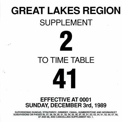 Timetable, Supplement 2 Great Lakes Region 41, December 3rd, 1989.