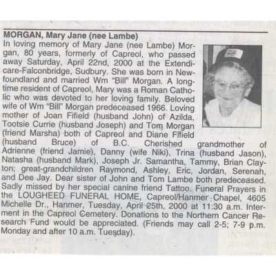 Document, Obituary, Mary Jane (Nee Lambe) Morgan.