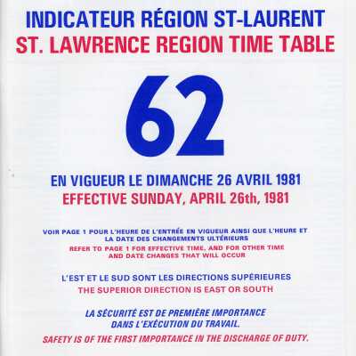 Employee Timetable, CN Rail, St. Lawrence Region Time Table 62, April 26th 1981