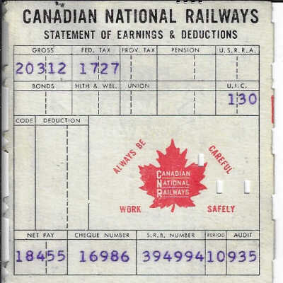 Canadian National Statement of Earnings and Deductions belonging to Frank Mazzuca