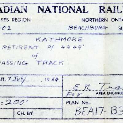 Document, Plan, Canadian National Railways, Great Lakes Region, Northern Ontario Area, Mile 116.02, Beachburg Subdivision, Kathmore, Proposed Retirement of 4949' of Passing Track.