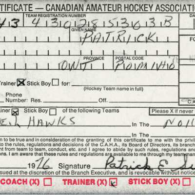 Hockey Trainer Registration Certificate belonging to Patrick Swain