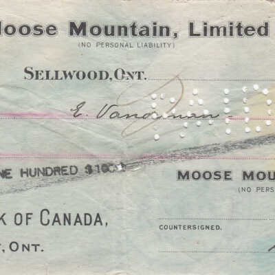 Photograph, Cheque, Moose Mountain Mine, Sellwood, Ontario.