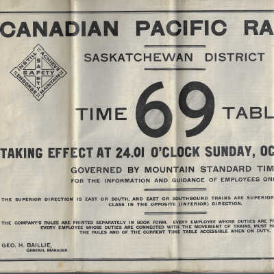 Canadian Pacific: Saskatchewan District Timetable 69, October 27, 1946
