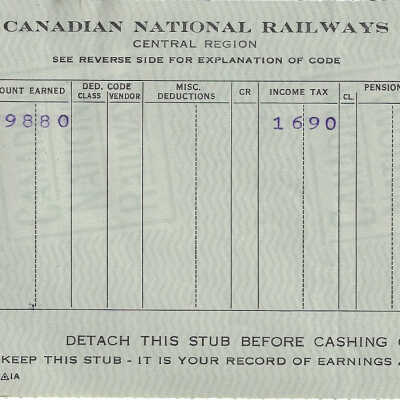 Canadian National Statement of Earnings and Deductions belonging to Frank Mazzuca
