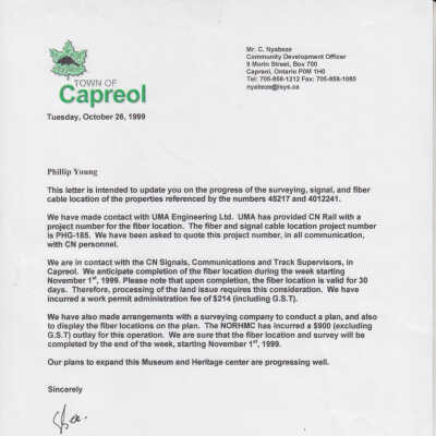Letter from Capreol Community Development Officier Charles C. Nyabeze to CN Real Estate Phillip Young, RE: Update on progress of Surveying, Signal and Fiber Locations