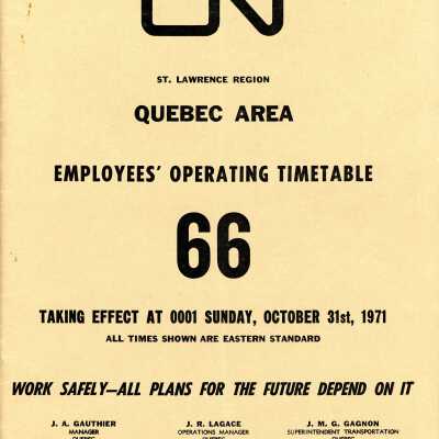 Timetable, CNR Quebec Area 66, October 31st 1971