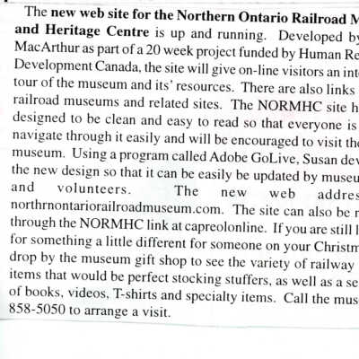 "News from Capreol" in Valley Vision, December 11, 2002