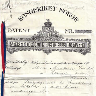 Norwegian Patent No 27772, 1917, Fred A. Jordan, Methods of Making Briquets, Kingdom of Norway (Kongeriket Norge) Stockholm, March 26th 1917 (Attached Letter, Julian S. Wooster, Counselor at Law, May 9th 1917)