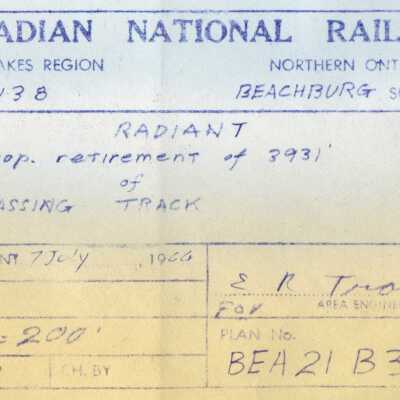 Document, Plan, Canadian National Railways, Great Lakes Region, Northern Ontario Area, Mile 151.38, Beachburg Subdivision, Radiant, Proposed Retirement of 3931 of Passing Track.