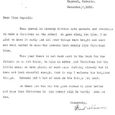 Letter to Miss Saywell from Fred Sloman