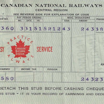 Canadian National Statement of Earnings and Deductions belonging to Frank Mazzuca
