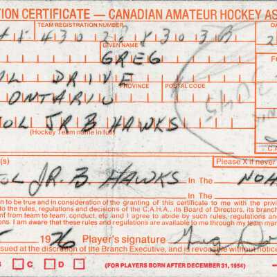 Hockey Player Registration Certificate belonging to Greg Dowie