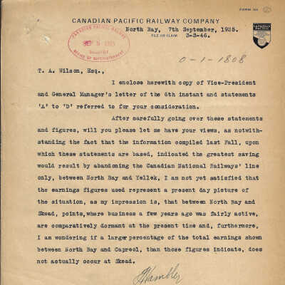 Letter sent from T. Hambley, Esquire to T. A. Wilson, Esquire