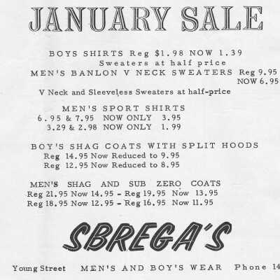 Newspaper Advertisement, Sbrega's Men's and Boy's Wear.