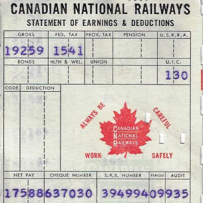 Canadian National Statement of Earnings and Deductions Belonging to Frank Mazzuca