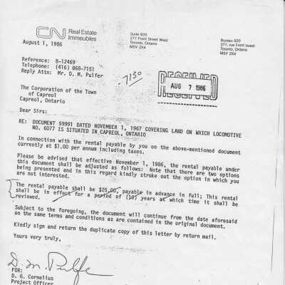 Letter from Cn Project Officer DG Cornelius to Town of Capreol, RE: Increase of NORMHC Land Lease Price
