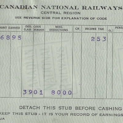 Canadian National Statement of Earnings and Deductions belonging to Frank Mazzuca