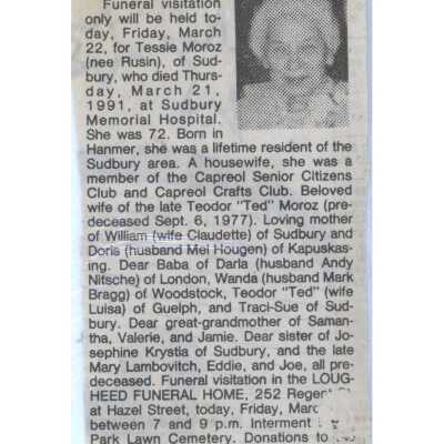 Document, Obituary, Tessie Moroz.