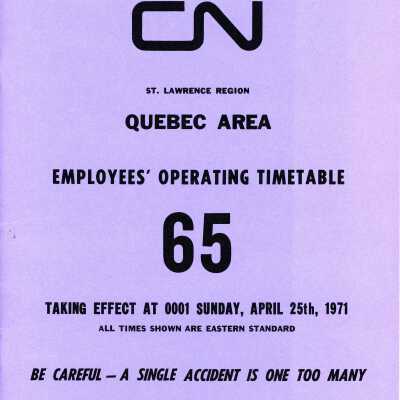 Timetable, CN Quebec Area 65, April 25th 1971