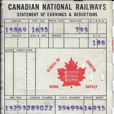 Canadian National Statement of Earnings and Deductions belonging to Frank Mazzuca