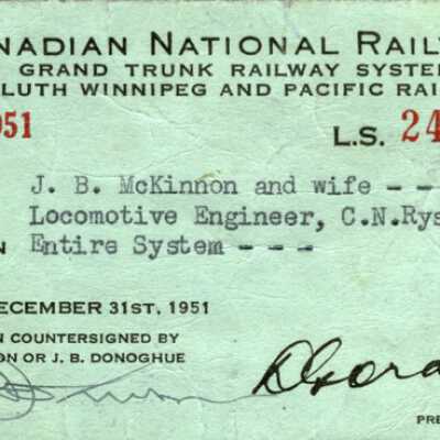 Canadian National Railways: Entire System Pass, J. B. McKinnon and Wife, 1950-1951
