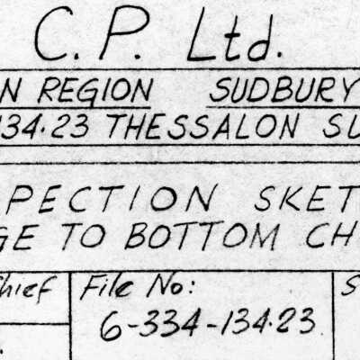 Document, Plan, Canadian Pacific Railway, Eastern Region, Sudbury Division, Bridge 134.23, Thessalon Subdivision, Inspection Sketch Damage to Bottom Chord.