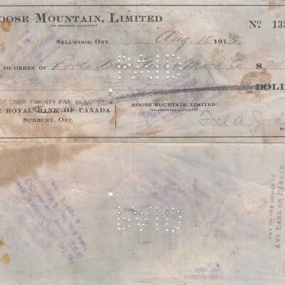 Photograph, Cheque, Moose Mountain Mine, Sellwood, Ontario.