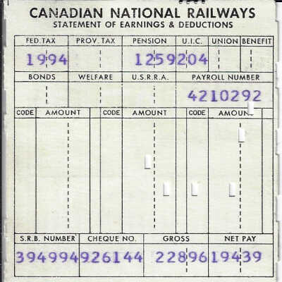 Canadian National Statement of Earnings and Deductions belonging to Frank Mazzuca