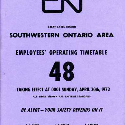 Timetables, CN Southwestern Ontario Area 48, April 30th 1972