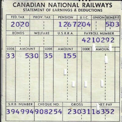 Canadian National Statement of Earnings and Deductions belonging to Frank Mazzuca