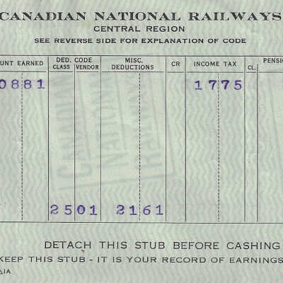 Canadian National Statement of Earnings and Deductions belonging to Frank Mazzuca