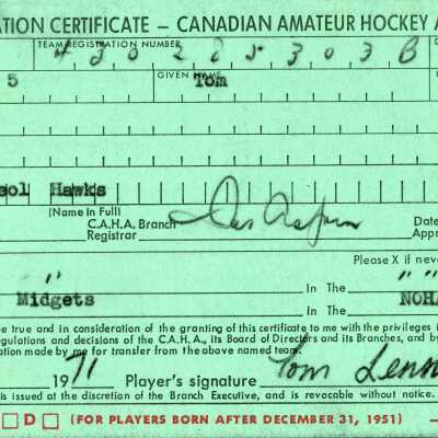 Hockey Player Registration Certificate belonging to Tom Lennox