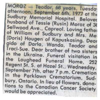 Document, Obituary, Tessie (Rusin) Moroz.