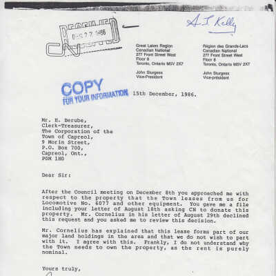 Letter from Capreol Treasurer E Berube to CN Real Estate, RE: Denial of request to purchase Museum lot
