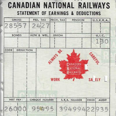 Canadian National Statement of Earning and Deductions Belonging to Frank Mazzuca