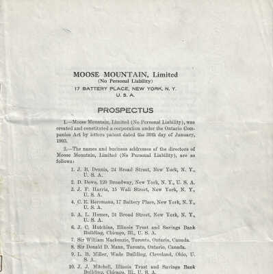 Prospectus, Moose Mountain Limited (No Personal Liability) 17 Battery Place, New York, N.Y. U.S.A, January 26, 1917
