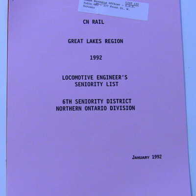 CN Rail Great Lakes Region Locomotive Engineer's Seniority List, 6th Seniority District, Northern Ontario Division, January 1992
