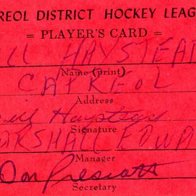 Hockey Player's Registration Card belonging to Bill Haystead