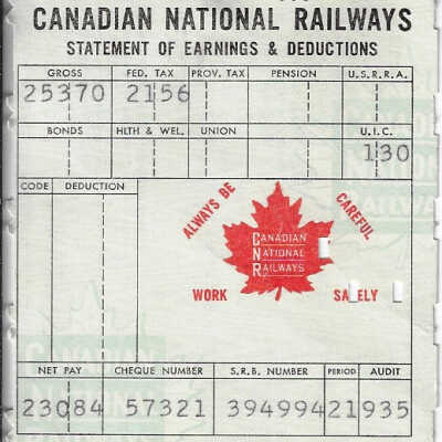 Canadian National Statement of Earnings and Deductions Belonging to Frank Mazzuca