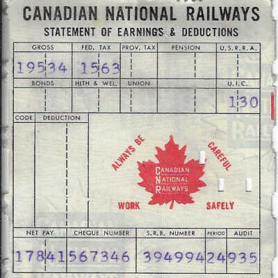 Canadian National Statement of Earnings and Deductions Belonging to Frank Mazzuca