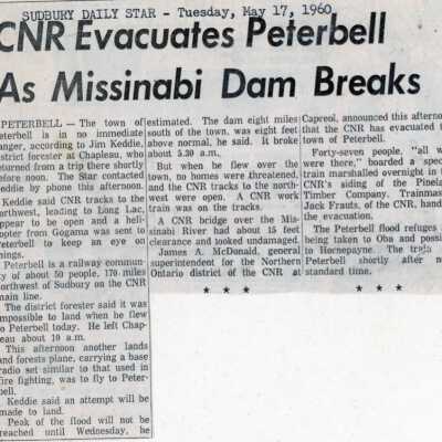 Document, CNR Evacuates Peterbell as Missinabi Dam Breaks.
