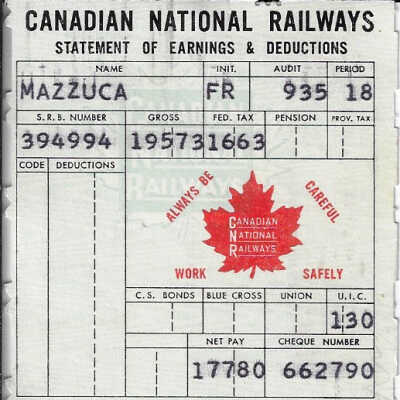 Canadian National Statement of Earnings and Deductions Belonging to Frank Mazzuca