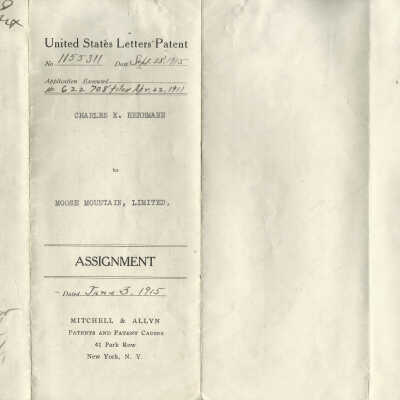 United States Letters Patent No. 1155311, Sept. 28, 1915. Charles E. Herrmann to Moose Mountain Limited. Serial No. 622708. Mitchell & Allyn Patents and Patent Causes
