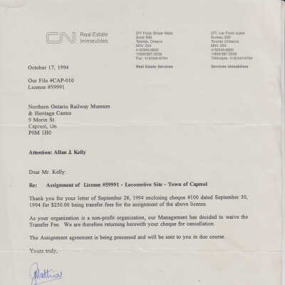 Letter from CN Real Estate Jacueline Mathias to NORMHC Allan J Kelly, RE: Assignment of License #59991 - Locomotive Site - Town of Capreol